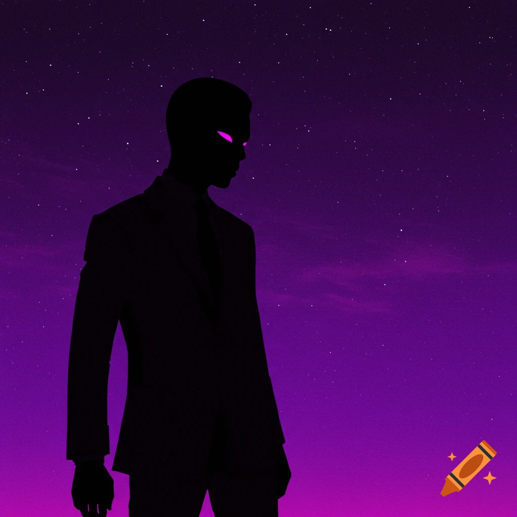 Black silhouette in a suit with glowing purple eyes against a starry purple sky.