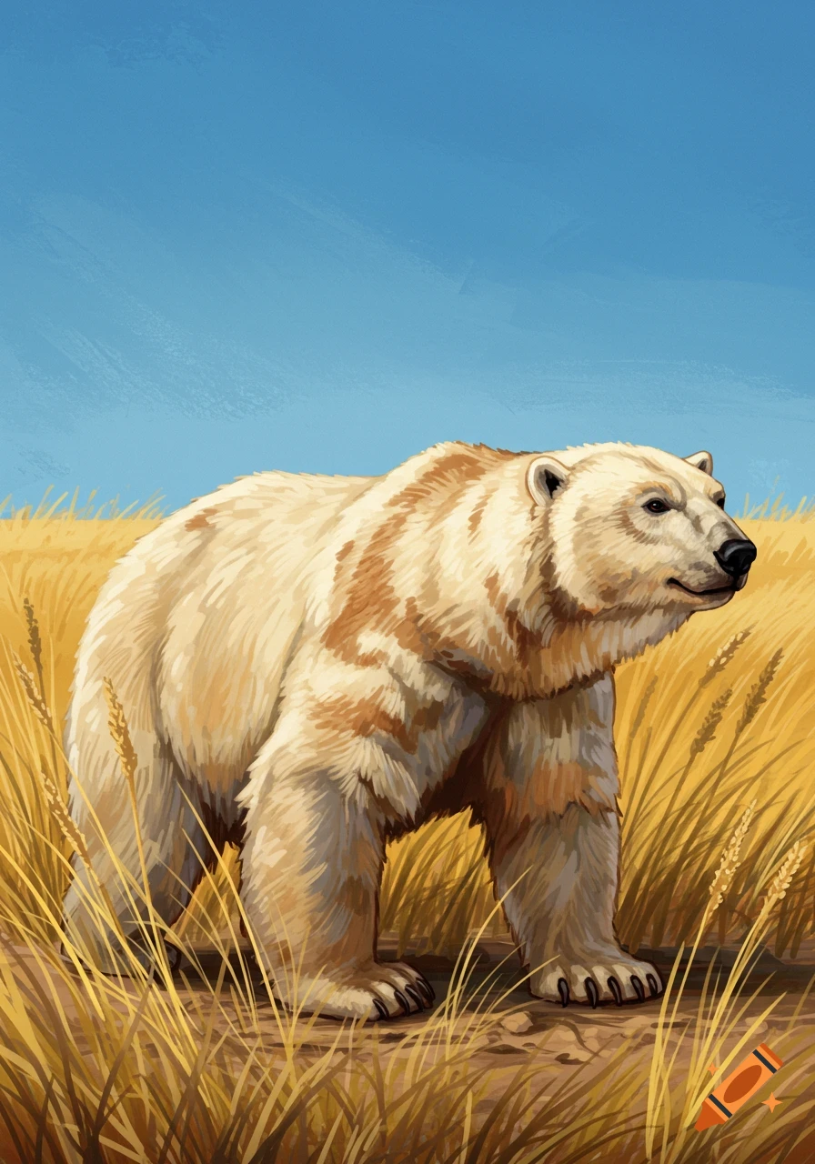 Illustrative image of a bear with light and brown fur standing in tall yellow grass under a blue sky.