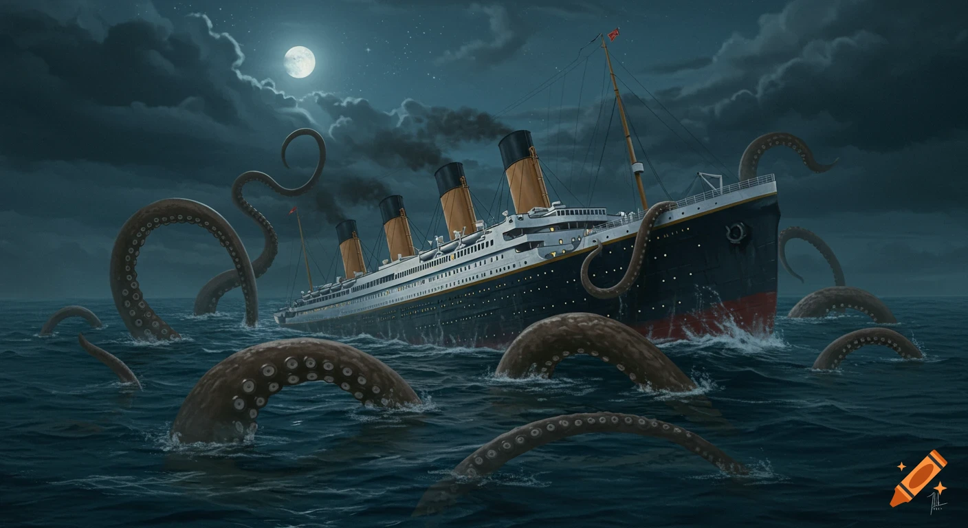A painting of the Titanic ship at night, attacked by giant octopus tentacles rising from the stormy sea under a full moon.