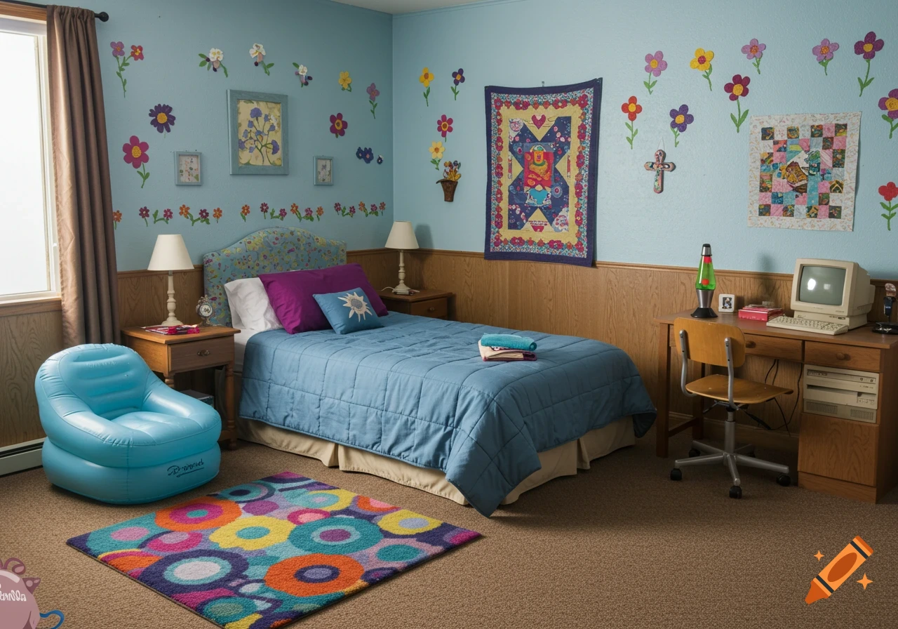 Colorful 90s bedroom with blue walls, bed, inflatable chair, desk with computer, and rug.