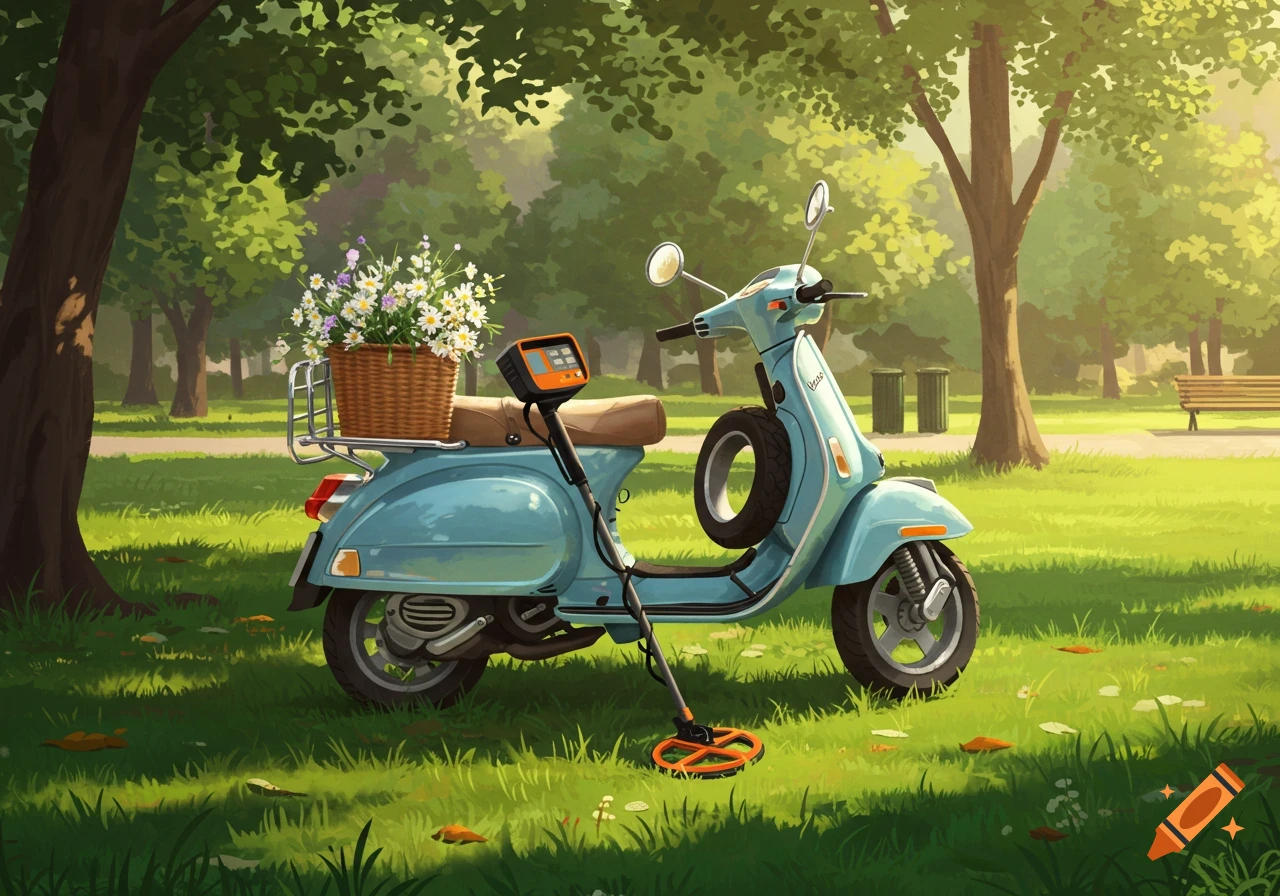 A blue Vespa scooter with a basket of flowers and a metal detector is parked in a sunny park.