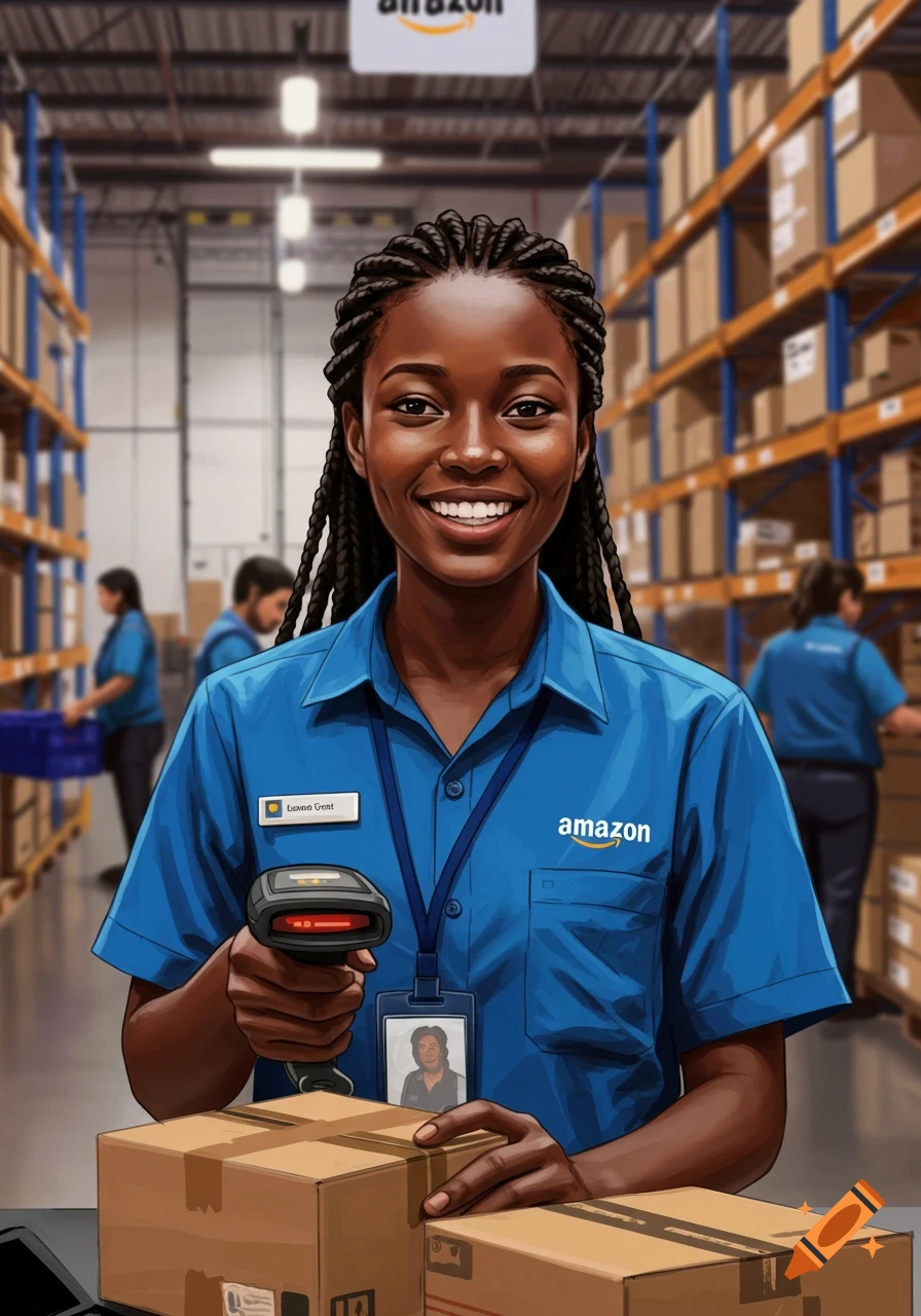 An African woman Amazon worker smiles while holding a barcode scanner and standing in a warehouse aisle near boxes.