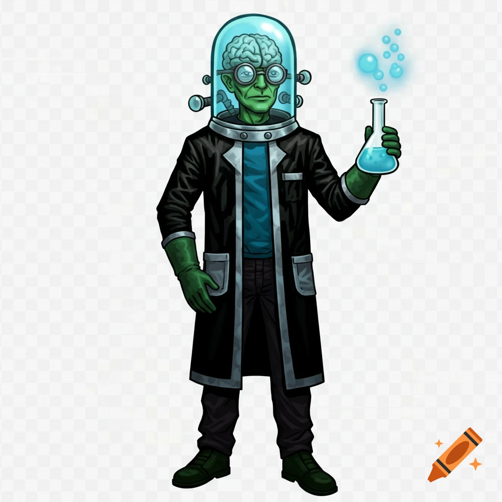 A green-skinned scientist alien with a brain in a glass dome, wearing a black lab coat, holding a beaker.
