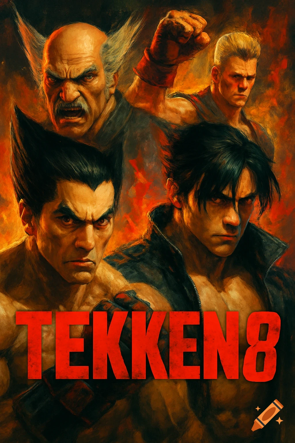 Four Tekken characters, including Heihachi, Kazuya, and Jin, against a fiery background with the title 'TEKKEN 8'