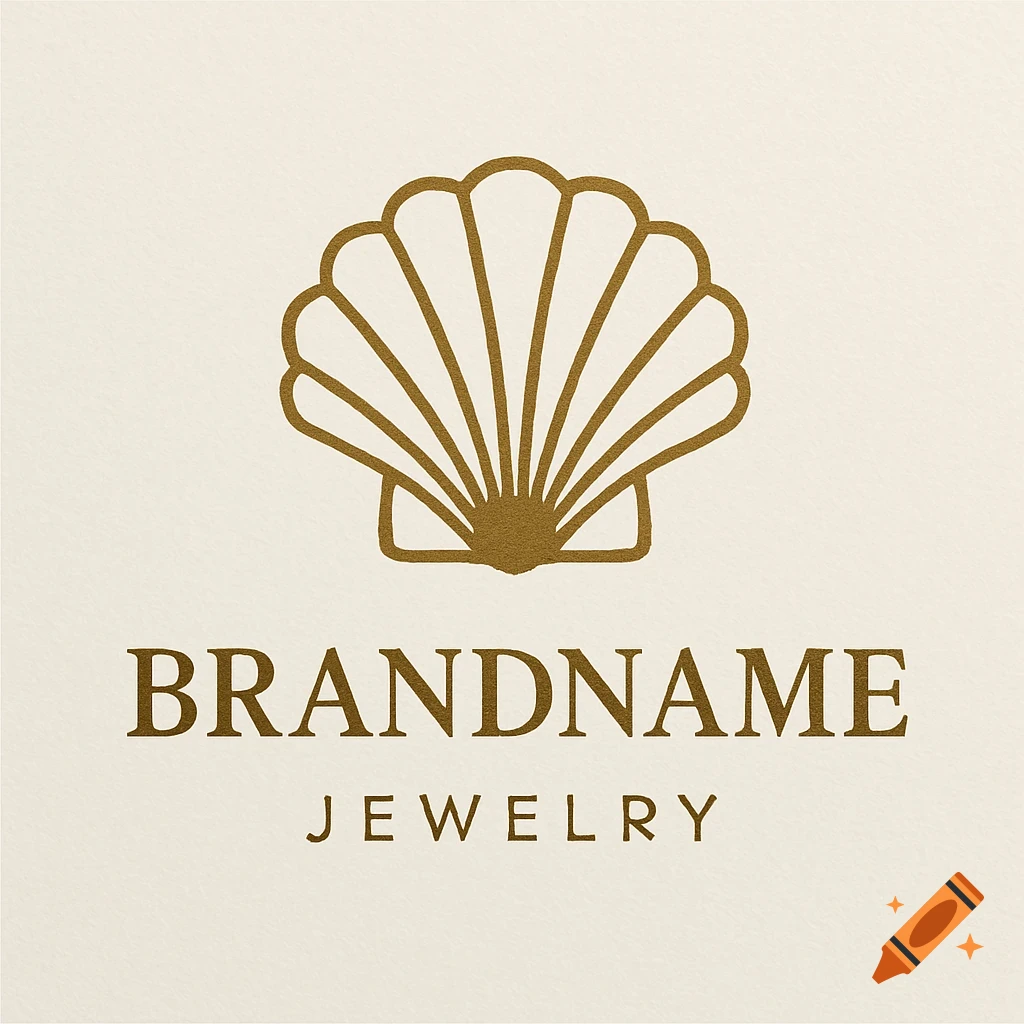 A gold seashell outline logo above the text BRANDNAME JEWELRY on a textured background.