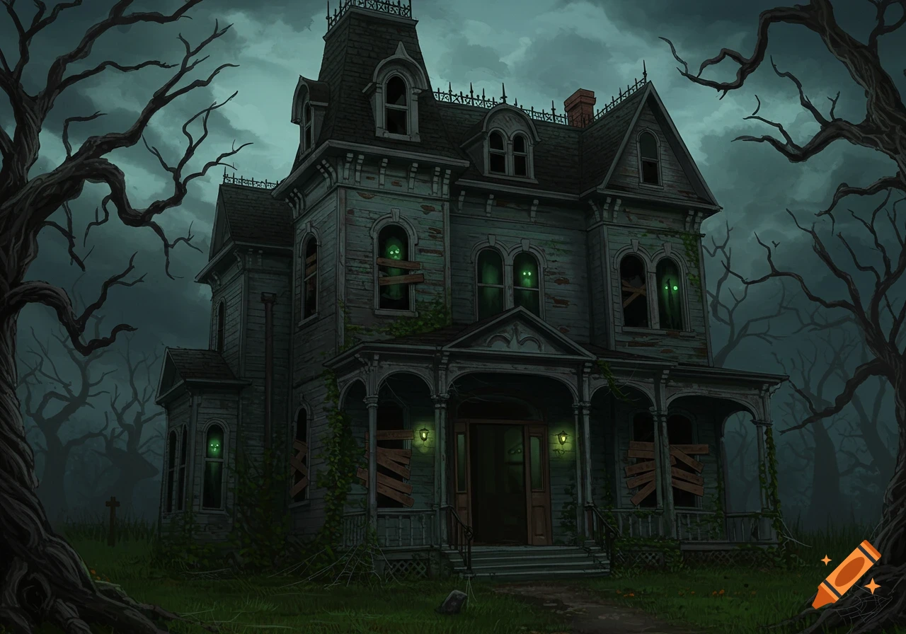Spooky haunted house with glowing green eyes in windows surrounded by bare trees at night.