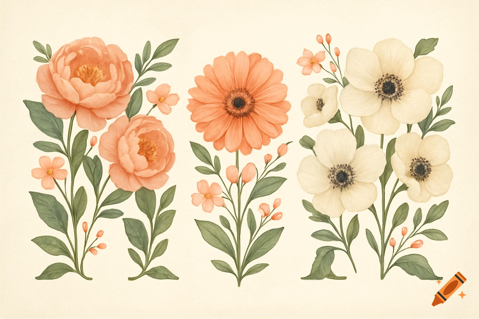 Watercolor illustration of three sets of flowers: peach peonies, orange gerbera, and cream anemones.