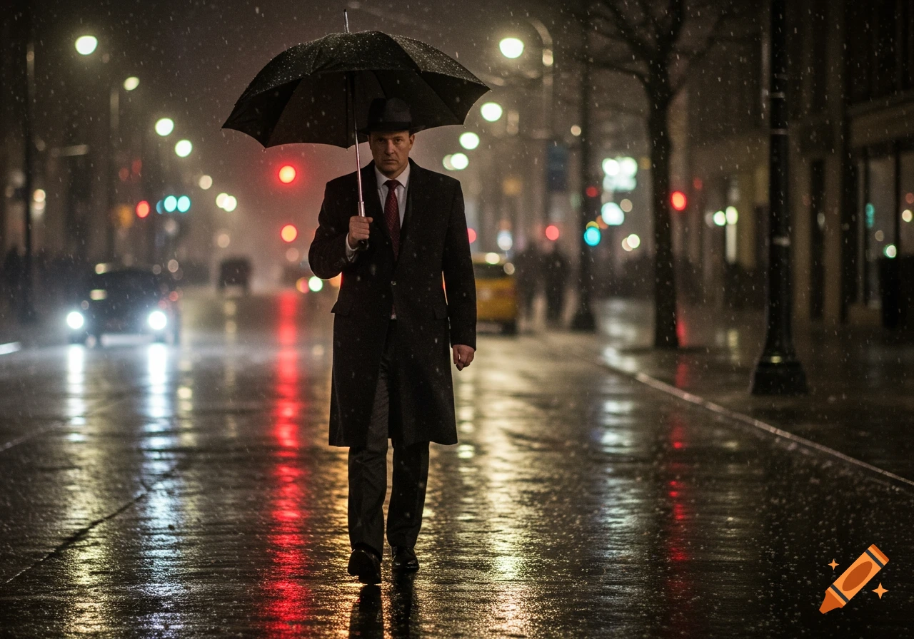 Man in hat and coat with umbrella walking on wet city street at night in the rain, photorealistic style.