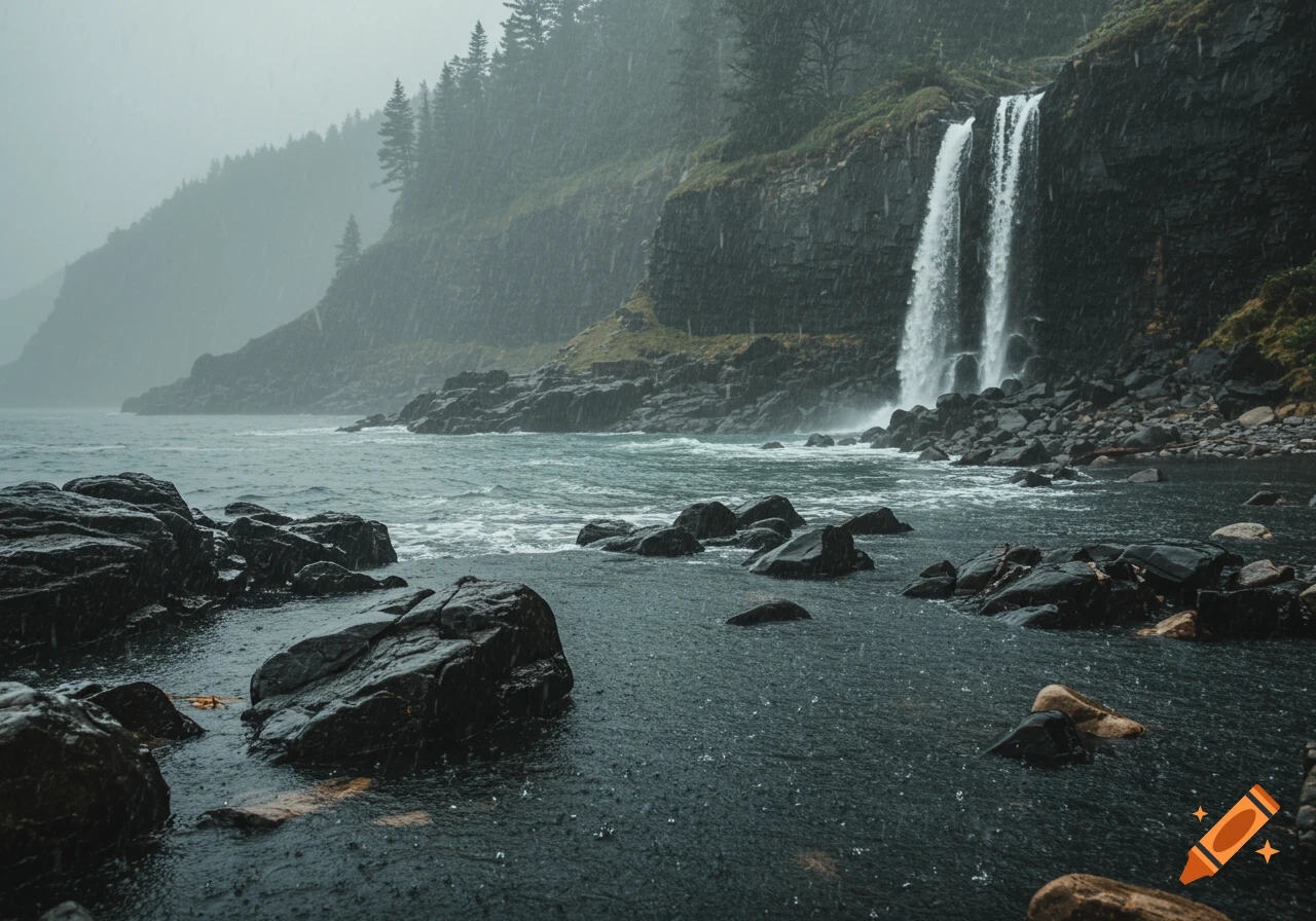 Heavy rain falls on a rocky shore with a waterfall cascading down cliffs.