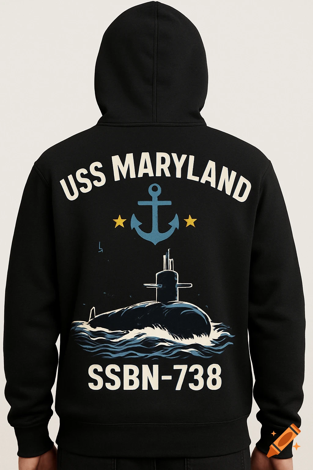 Back of a person wearing a black hoodie with a USS Maryland SSBN-738 submarine design on the back.