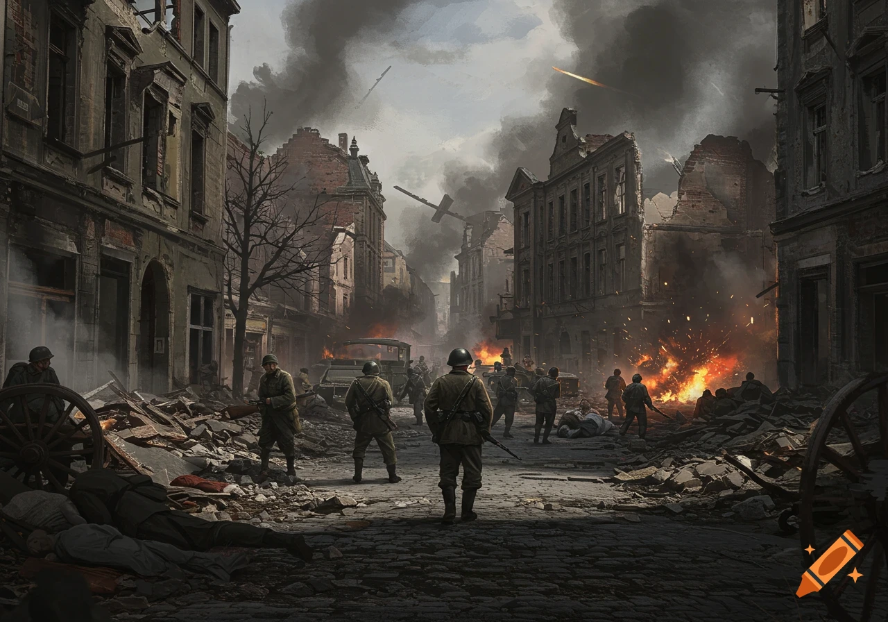 Soldiers stand in a destroyed city street amidst rubble, smoke, and explosions.
