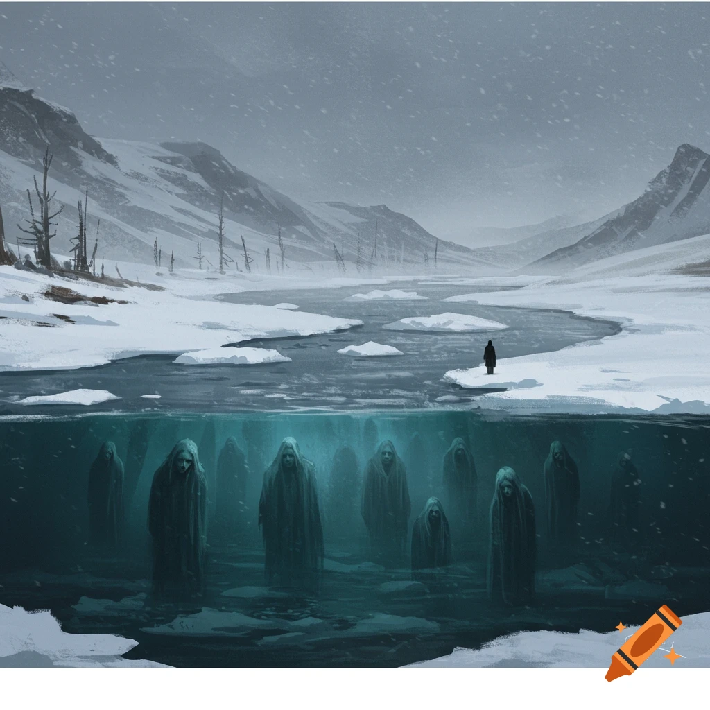Digital painting of a desolate snowy arctic landscape with a frozen river, under which multiple ghostly figures look up.