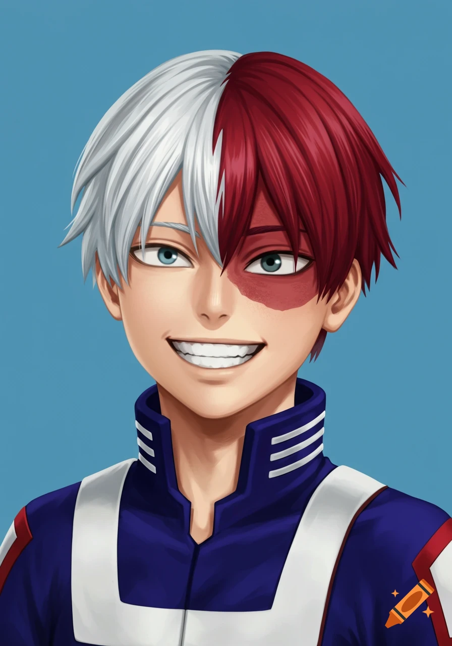 A close-up portrait of an anime character with half white and half red hair, smiling and wearing a blue and white uniform.