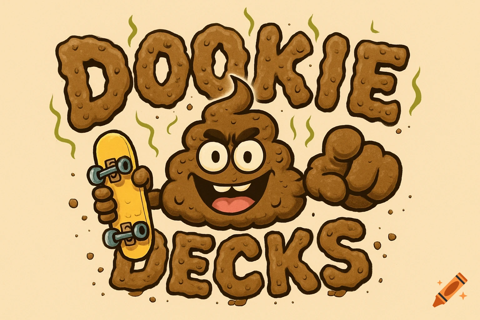 Cartoon of a smiling pile of feces holding a skateboard, pointing forward, with 'DOOKIE DECKS' text.