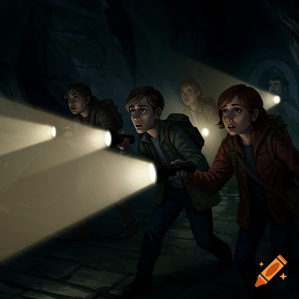 Illustration of several young people looking scared while exploring a dark cave with flashlights.