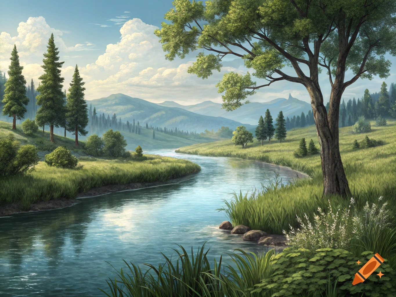 A scenic landscape with a winding river, green hills, and trees under a blue sky.