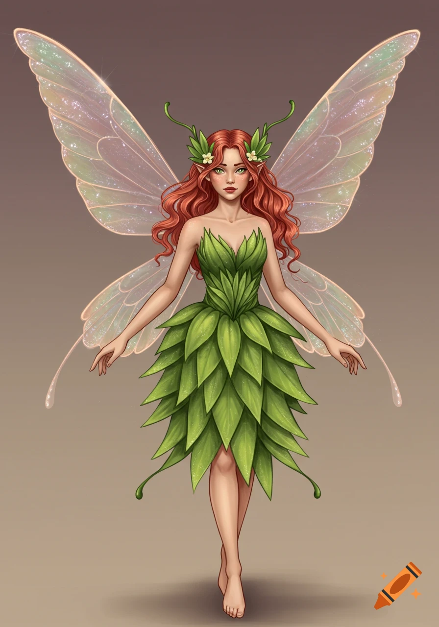 Drawing of a red-haired fairy with green eyes, translucent wings, and a  layered green leaf dress. on Craiyon