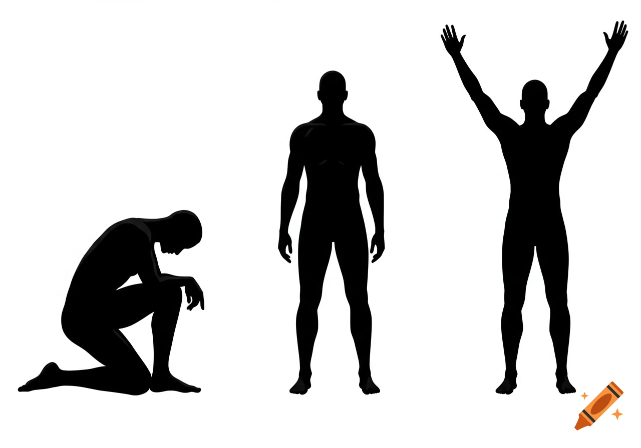 Three black human silhouettes showing different poses: kneeling, standing, and standing with arms raised.