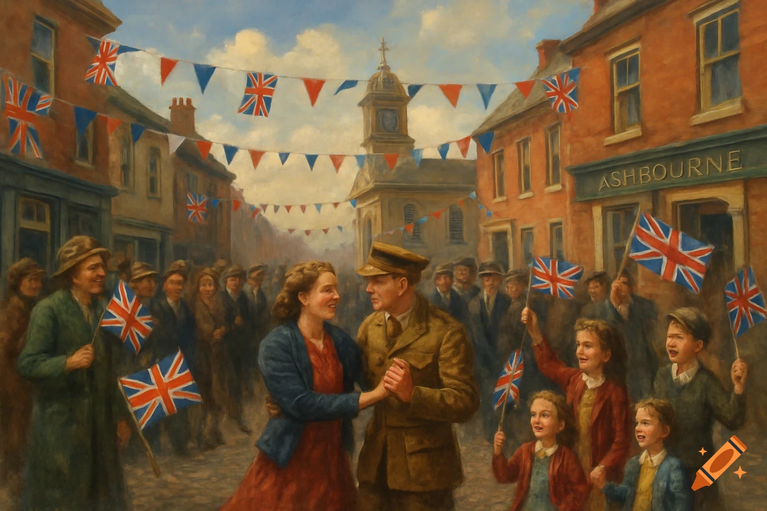 Painting of a VE Day celebration in a town street with people waving Union Jack flags and a couple dancing.