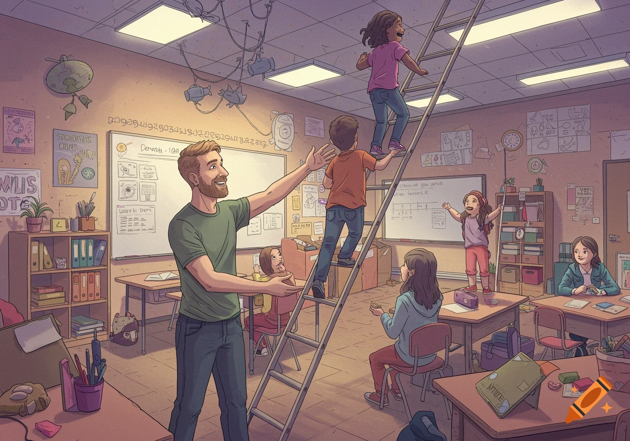 Illustration of a teacher helping students climb a ladder in a chaotic classroom with scattered desks and supplies.