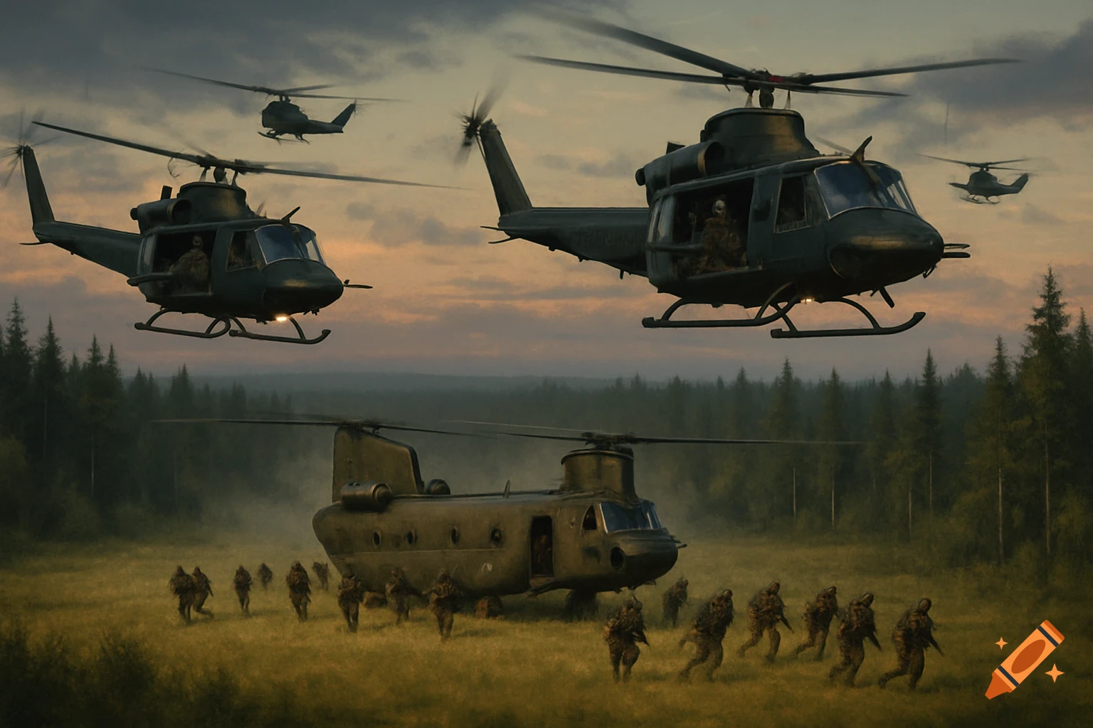 Military helicopters fly over soldiers landing in a field at dusk.