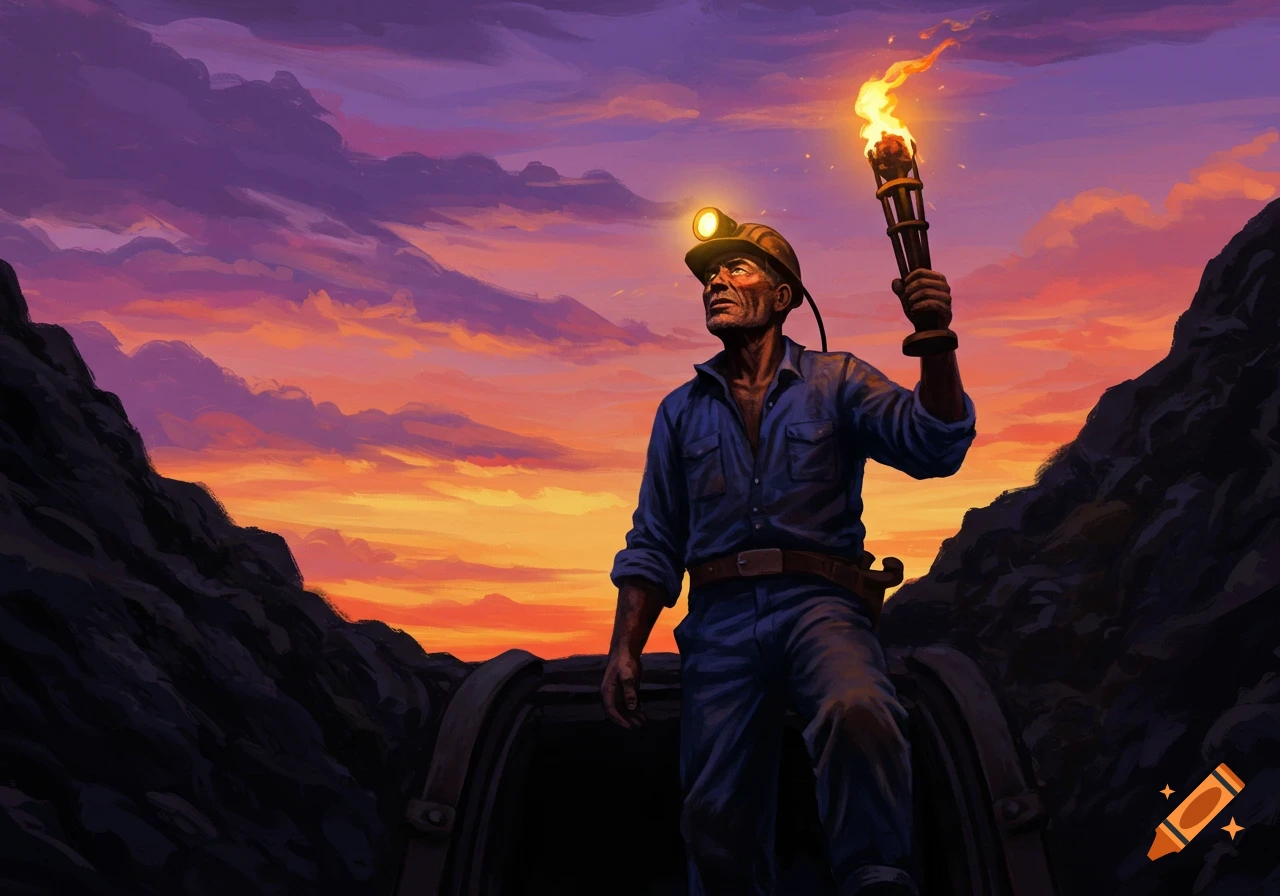 Miner with a torch looks up at a vibrant sunset sky at the entrance of a mine, illustration.