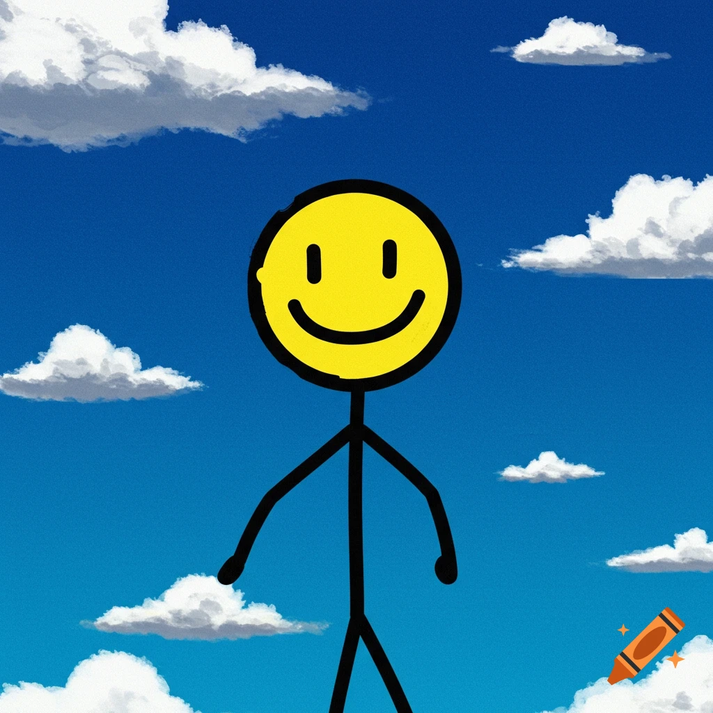 A stick figure with a yellow smiley face stands against a blue sky with clouds.