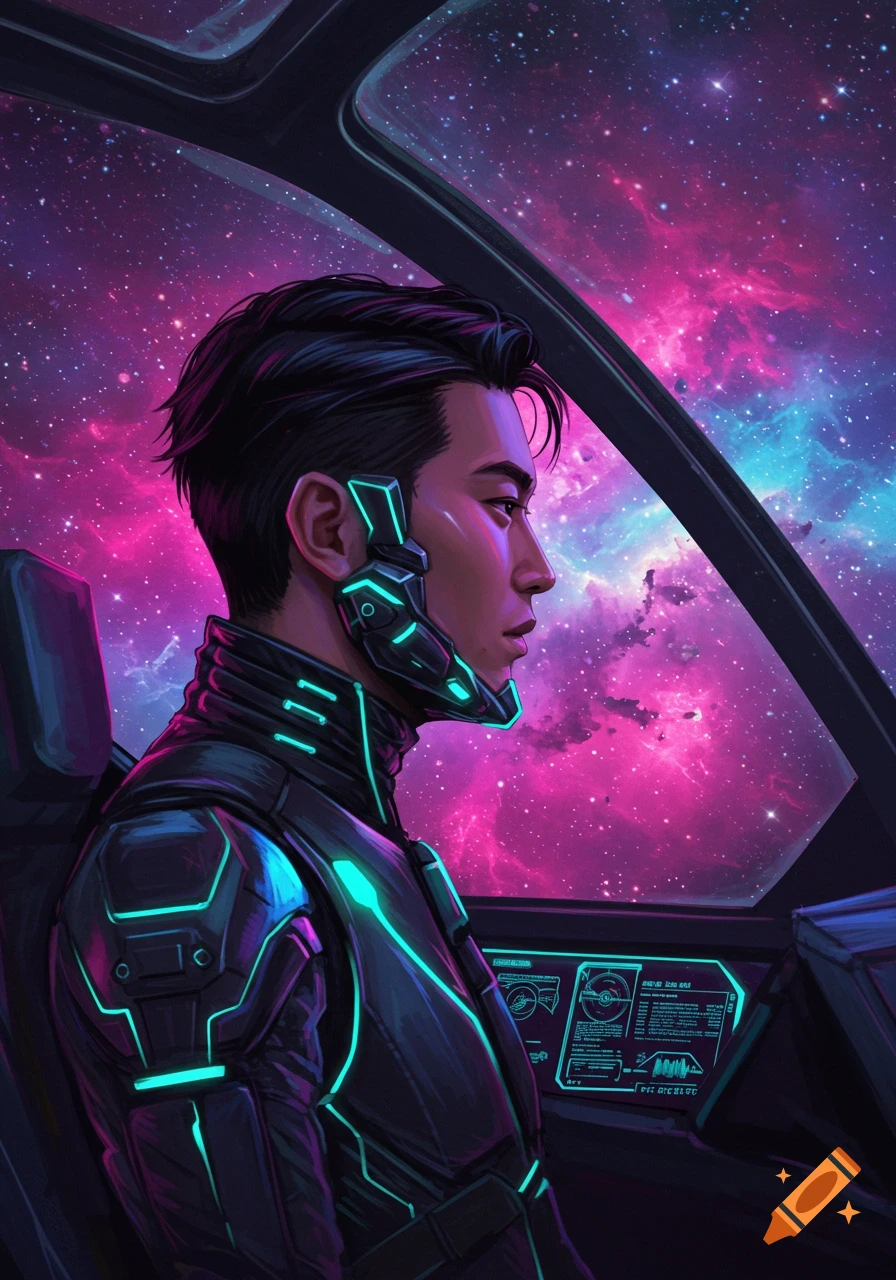 A futuristic pilot in a cockpit looks out at a colorful galaxy.