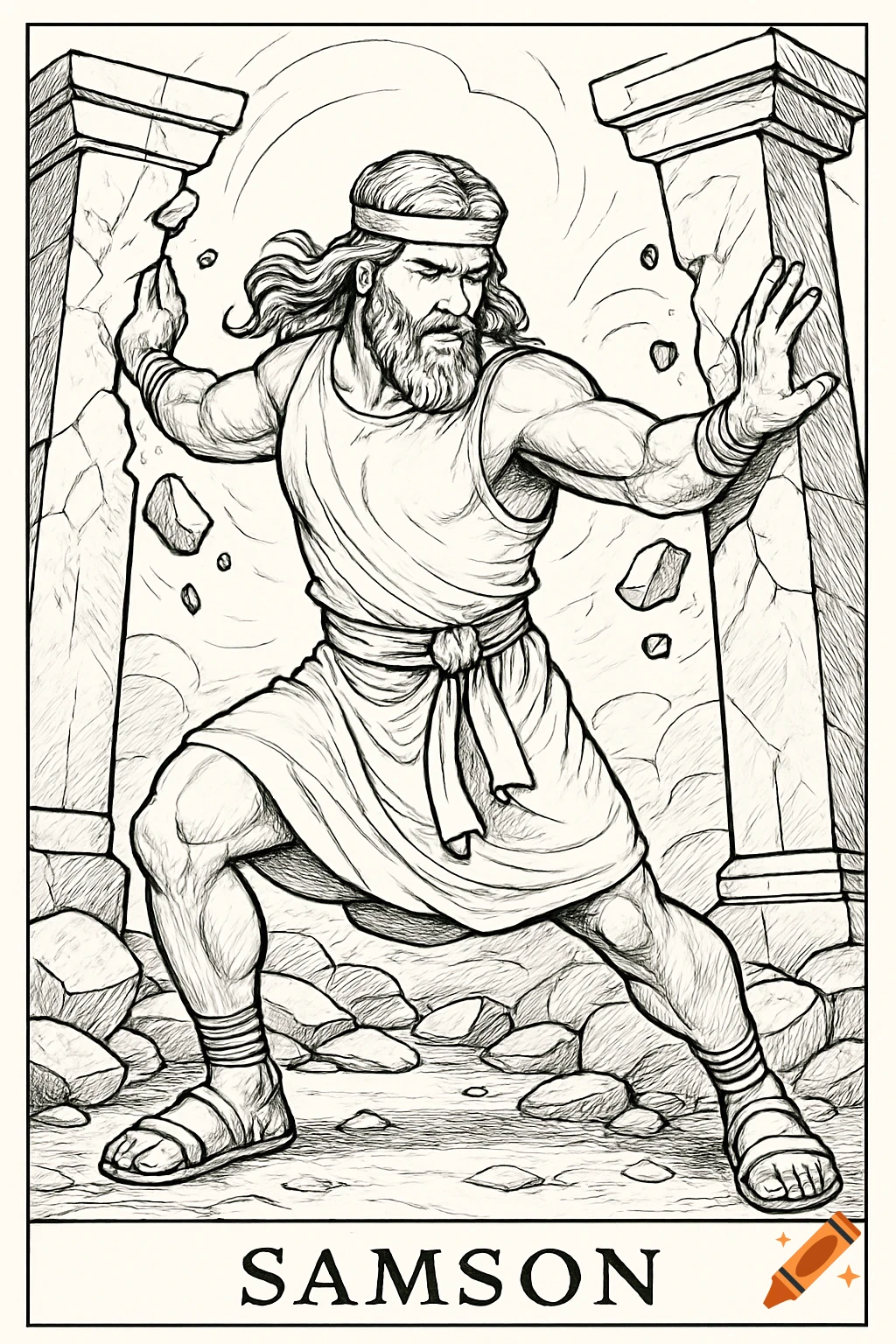 Line drawing coloring page of Samson pushing down pillars