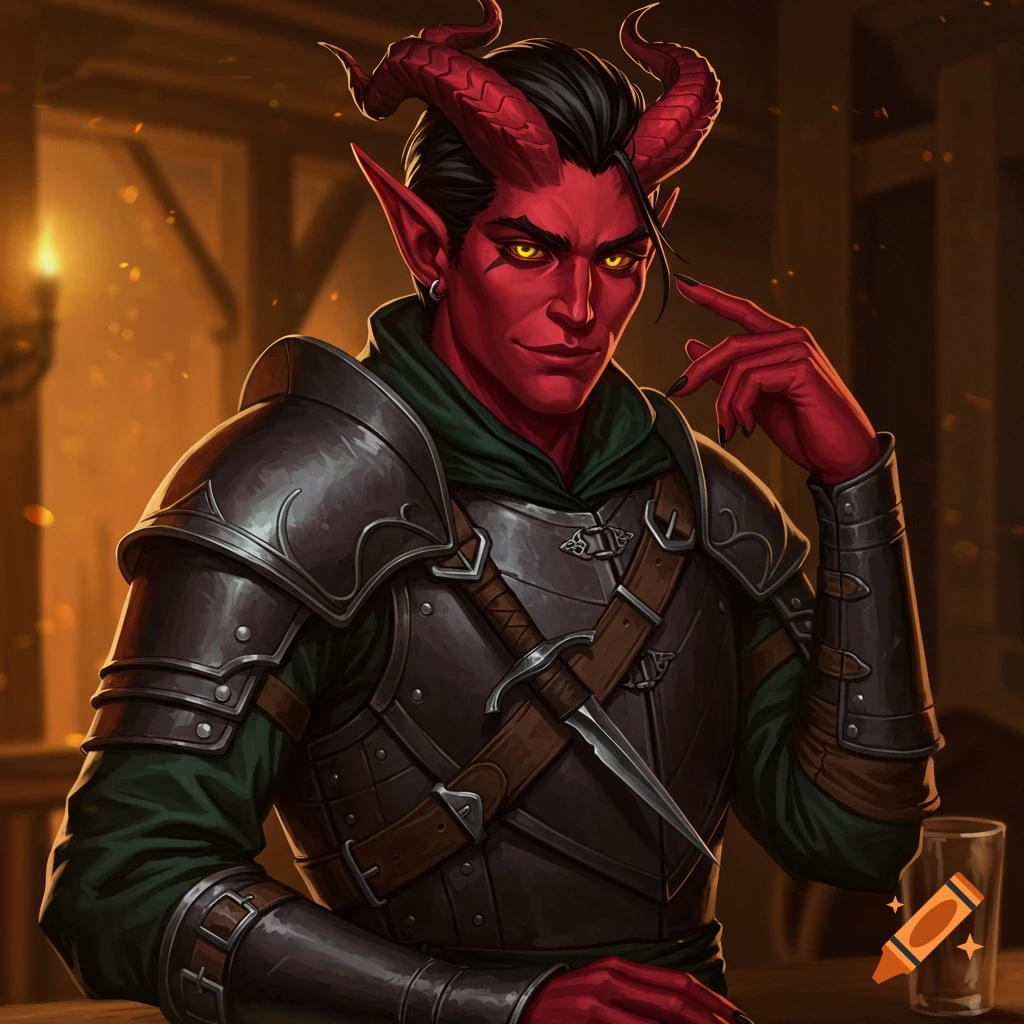 A Tiefling rogue with red skin and horns, wearing armor, in a dimly lit ...