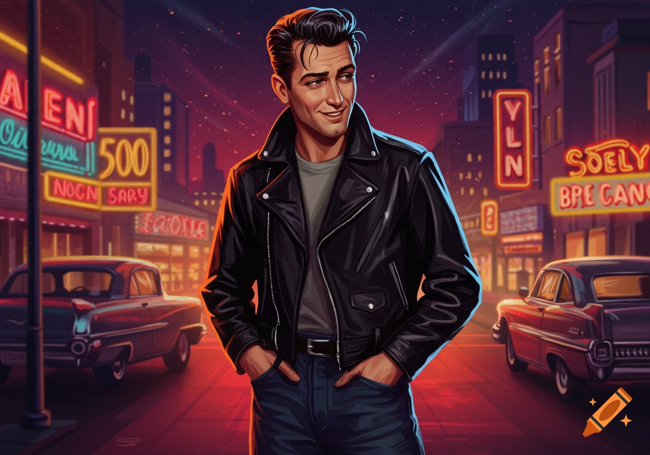 Illustration of a man in a leather jacket standing on a city street at night with neon lights and classic cars.