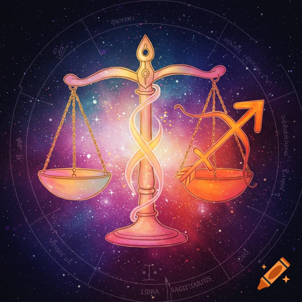 Libra scales and Sagittarius arrow against a galaxy background