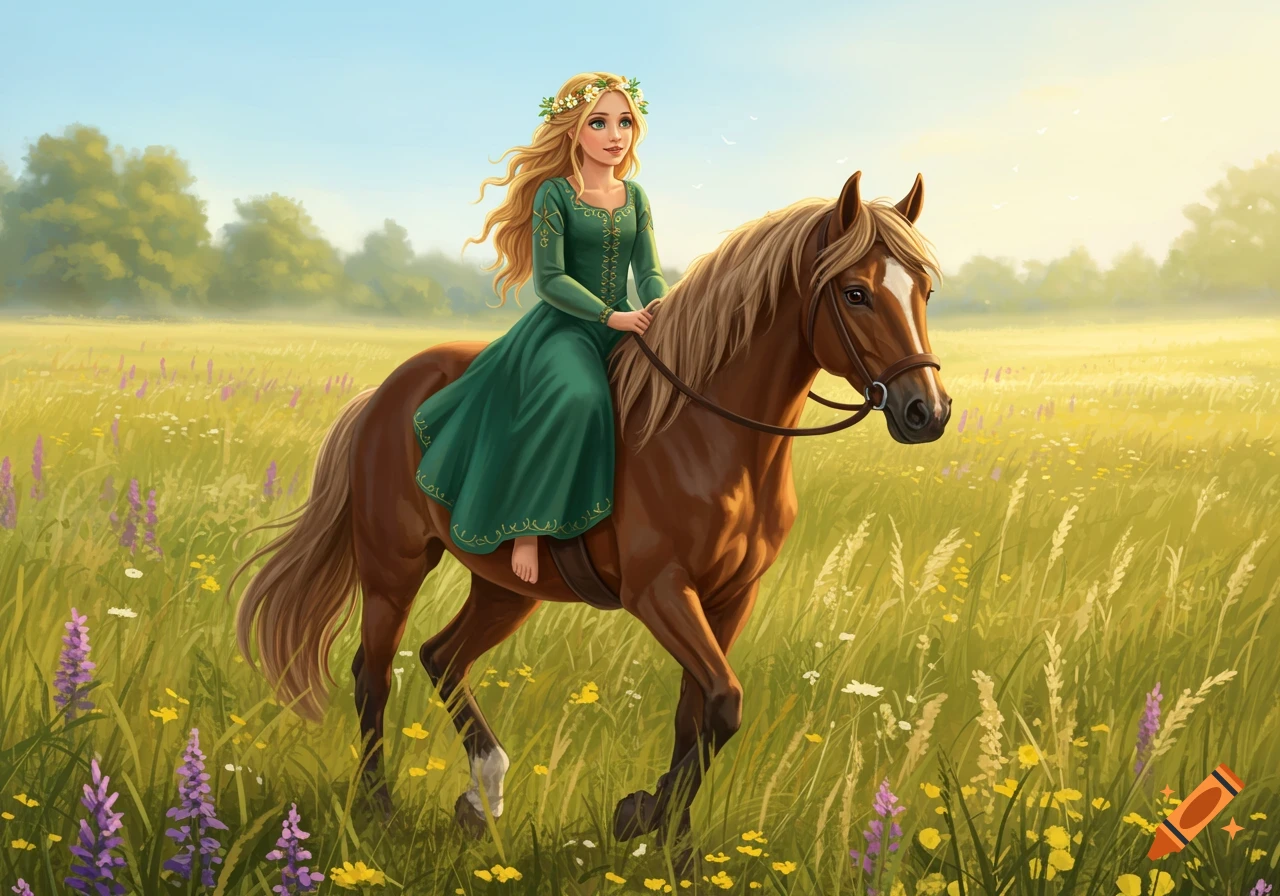 Girl with blond hair rides a brown horse through a sunny meadow.