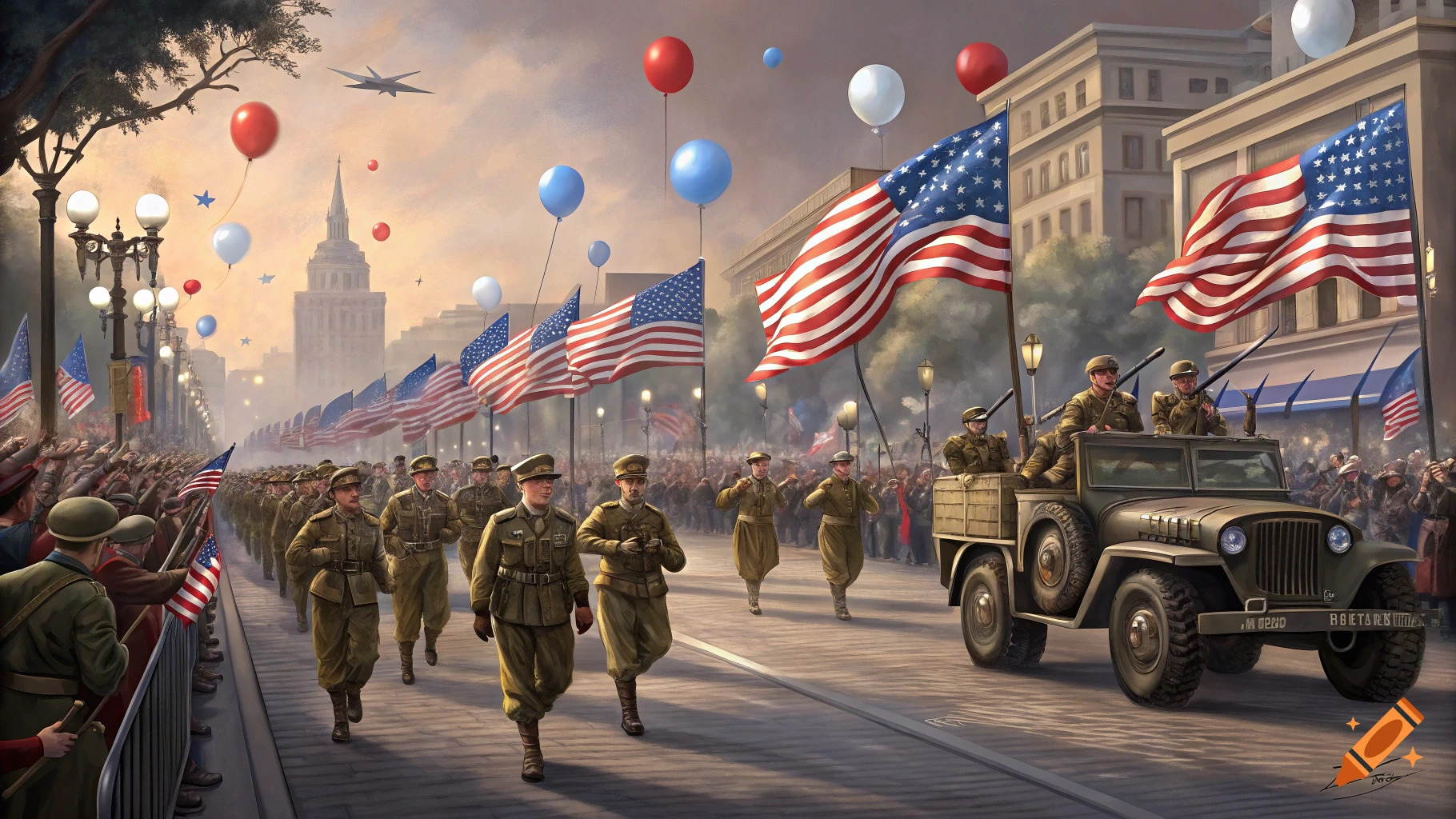 A military parade with soldiers, American flags, balloons, and a jeep on a city street.