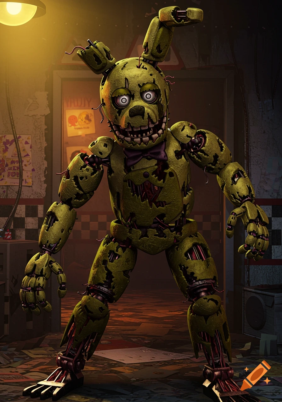 Full body shot of Springtrap animatronic from Five Nights at Freddy's standing in a dark, cluttered room with posters on the wall.