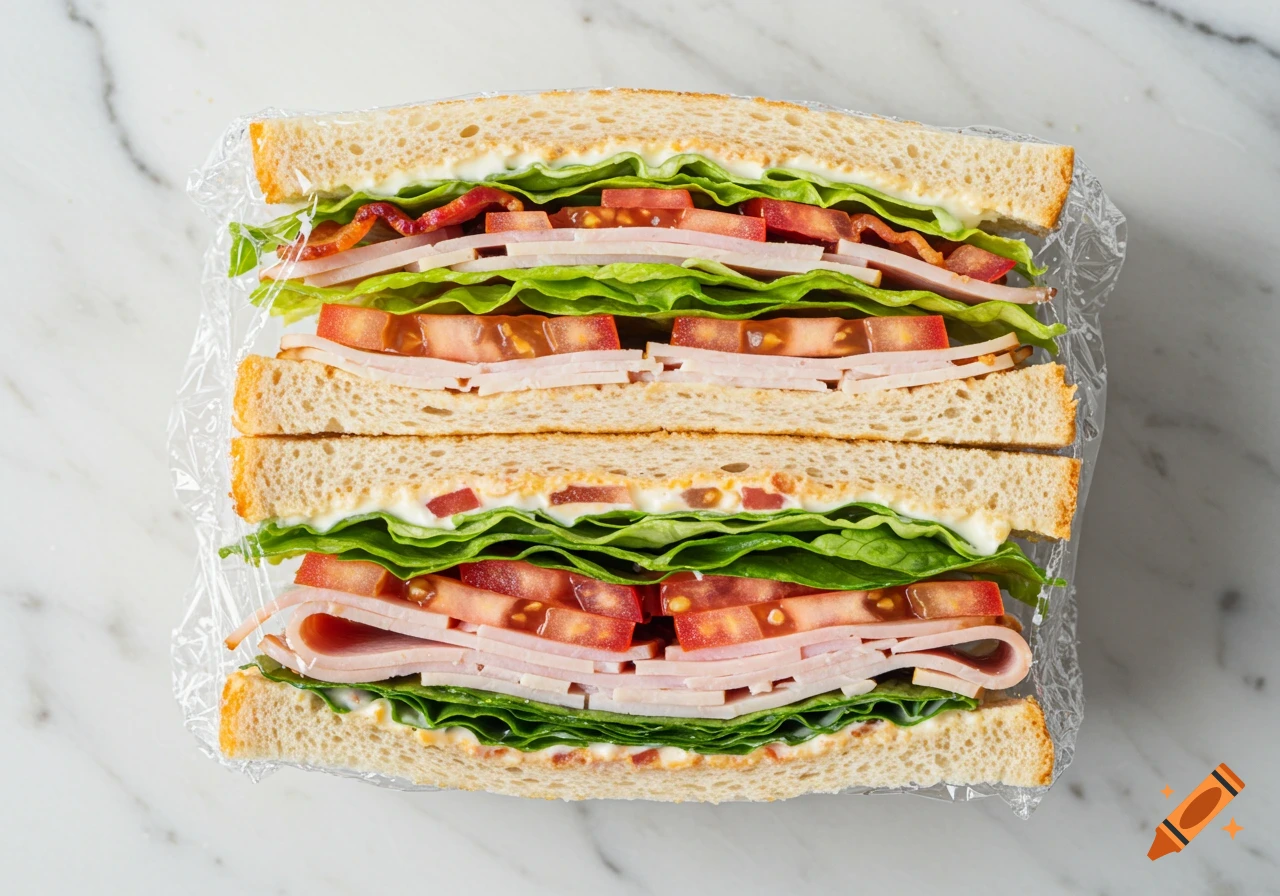 Bird's eye view of a sandwich with meat, lettuce, and tomato, wrapped in plastic cling film on a marble surface.
