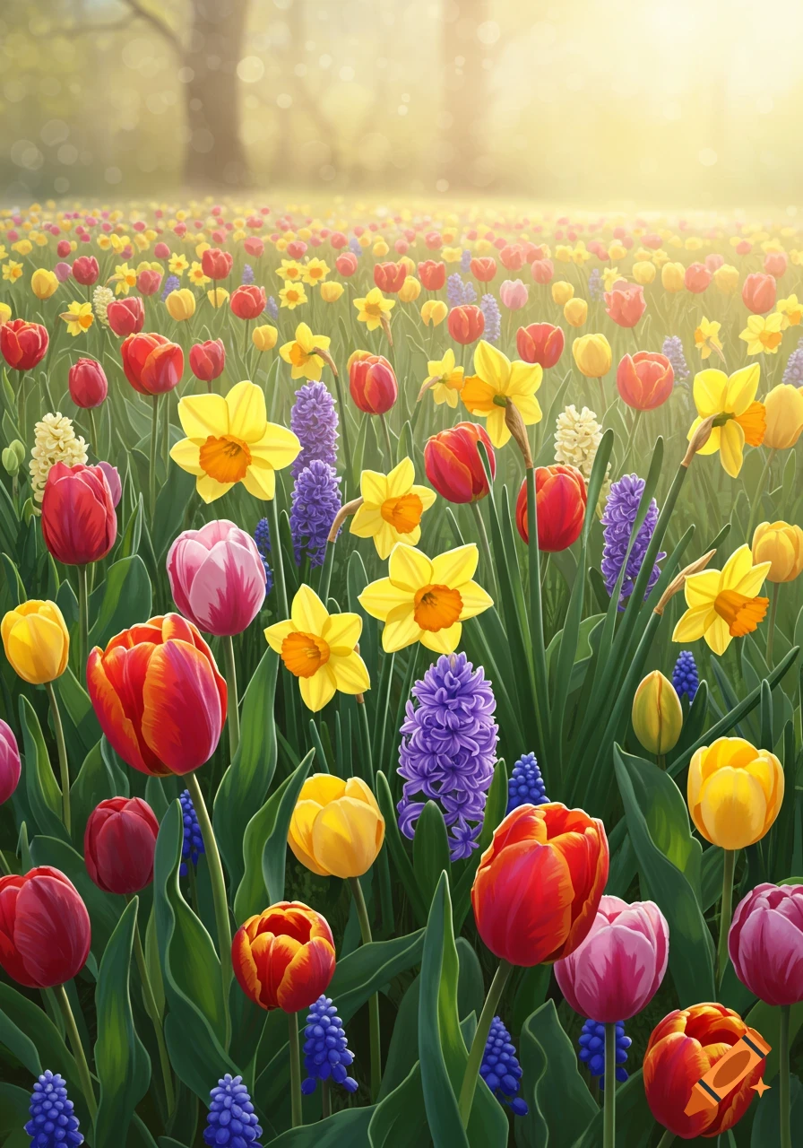 A vibrant painting of a field filled with red, yellow, and purple spring flowers.
