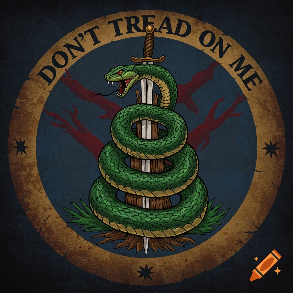 Stylized illustration of a green snake wrapped around a sword within a circle, with 'DON'T TREAD ON ME' text.