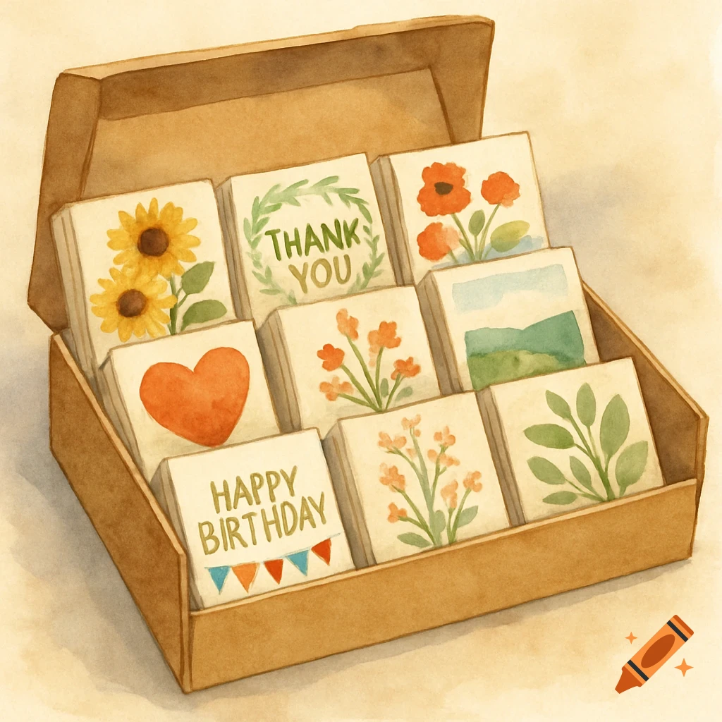 A watercolor illustration of a box filled with greeting cards featuring designs like sunflowers, a heart, text, and landscapes.