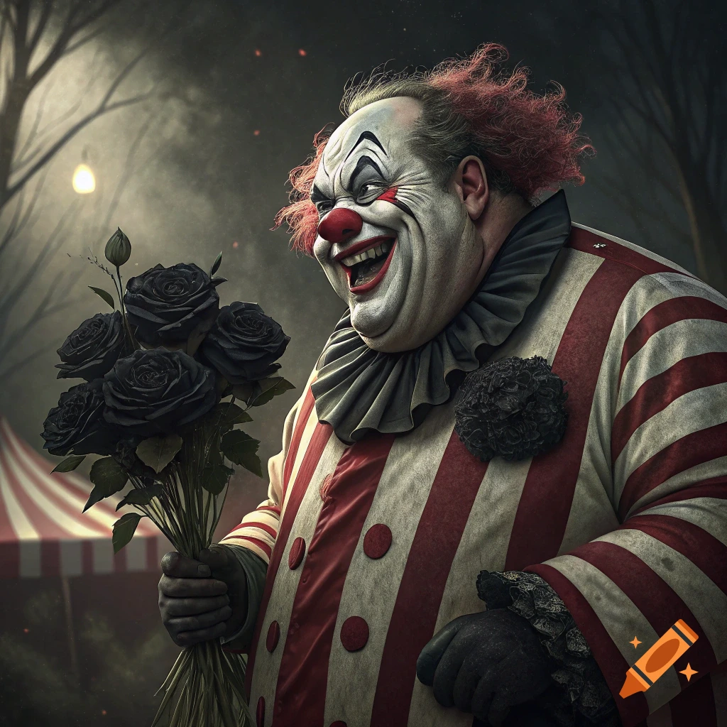 A creepy clown in a striped suit holds a bouquet of black roses outside a circus tent at night.