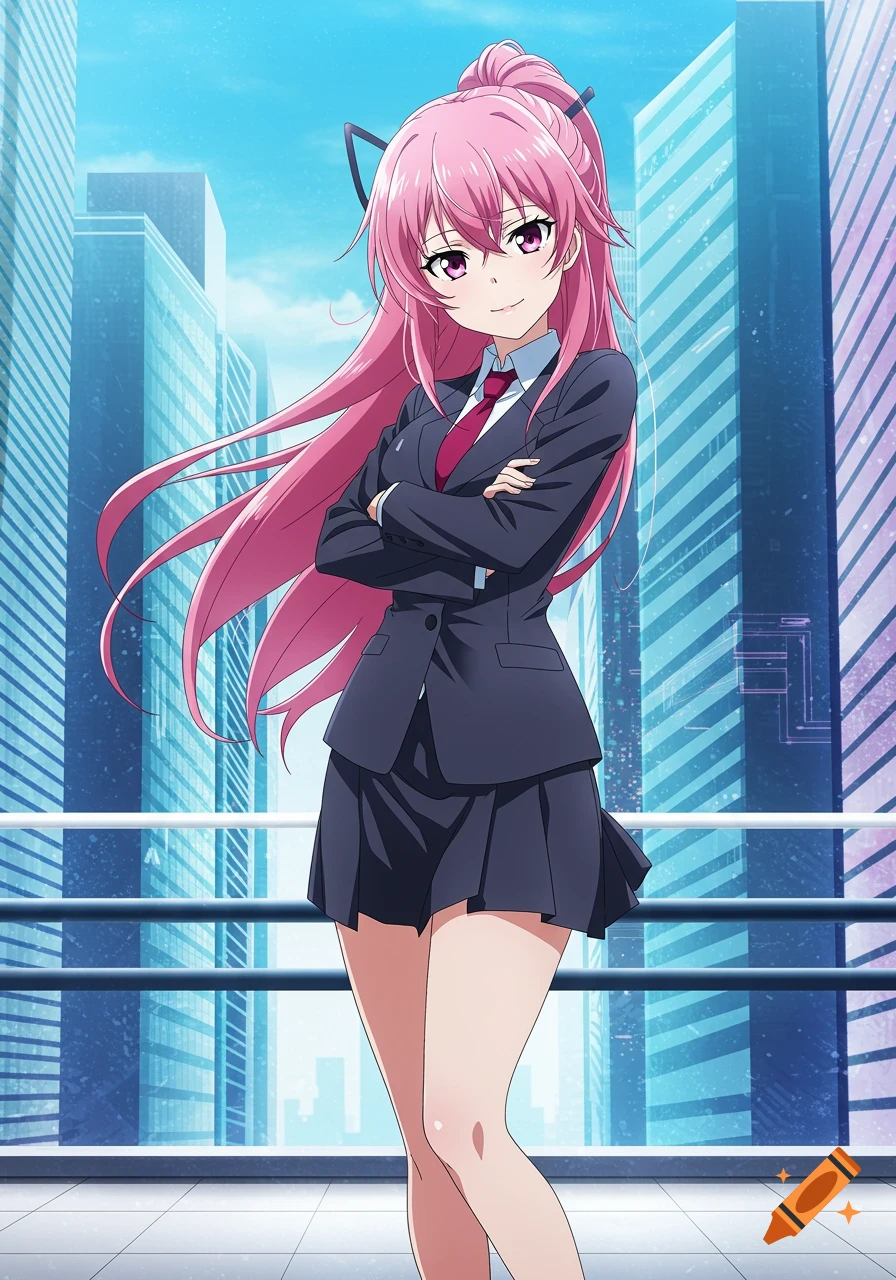 Anime girl with pink hair in a suit and skirt stands against a city ...