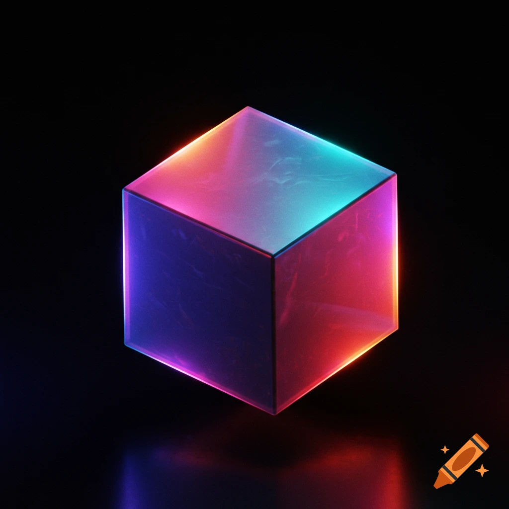 A translucent cube illuminated with glowing rainbow colors sits on a ...