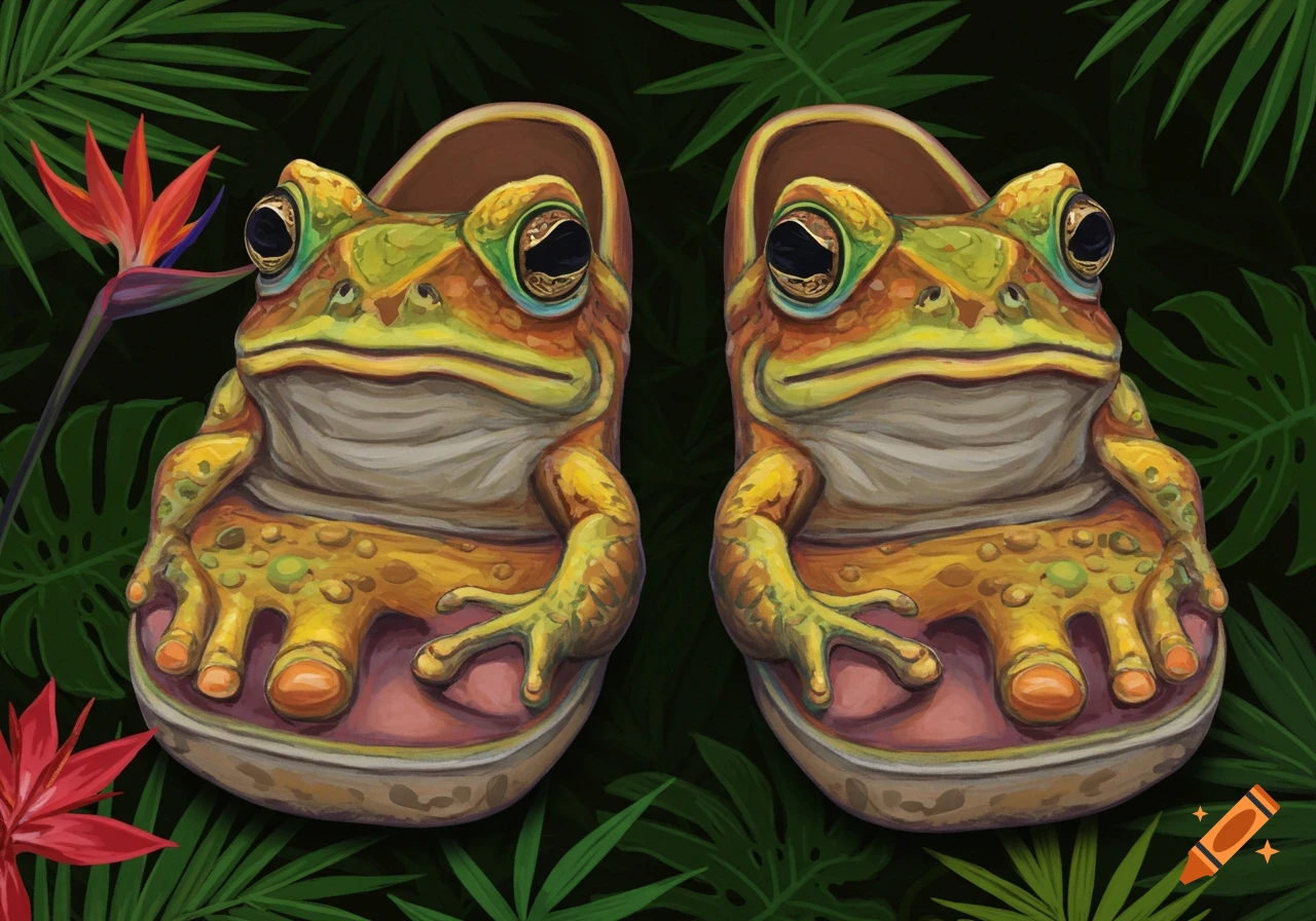 Two colorful toad-shaped shoes sit among jungle leaves and flowers in a digital painting style.