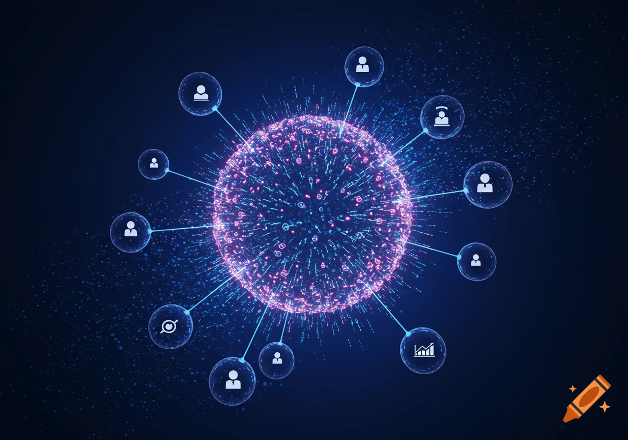 Abstract network visualization with a glowing central sphere connected to smaller spheres containing user and data icons on a dark background.