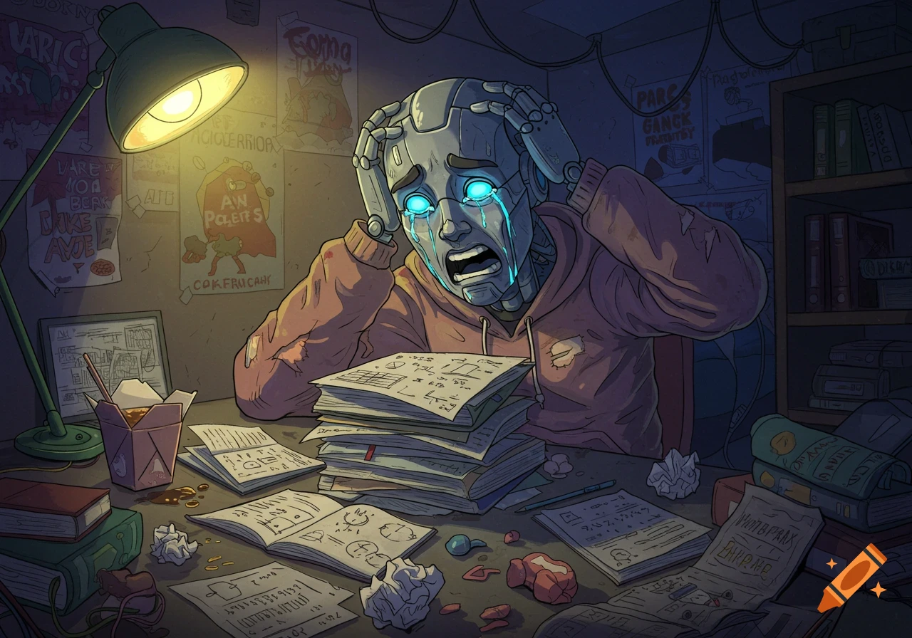 An illustration of a robot crying while overwhelmed by homework at a messy desk.