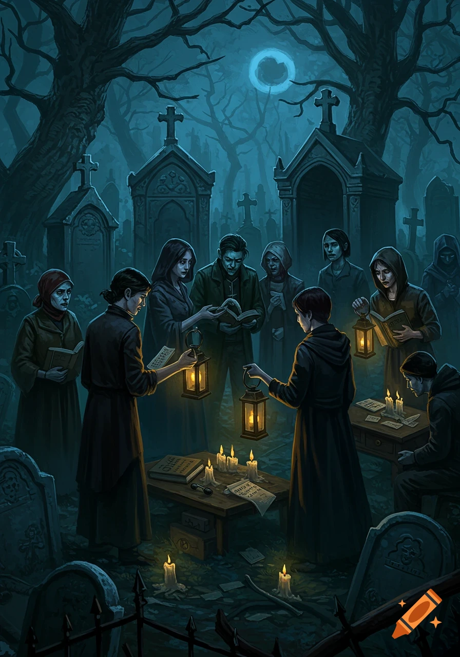 People gather in a dark graveyard at night, reading books by lantern light among gravestones.