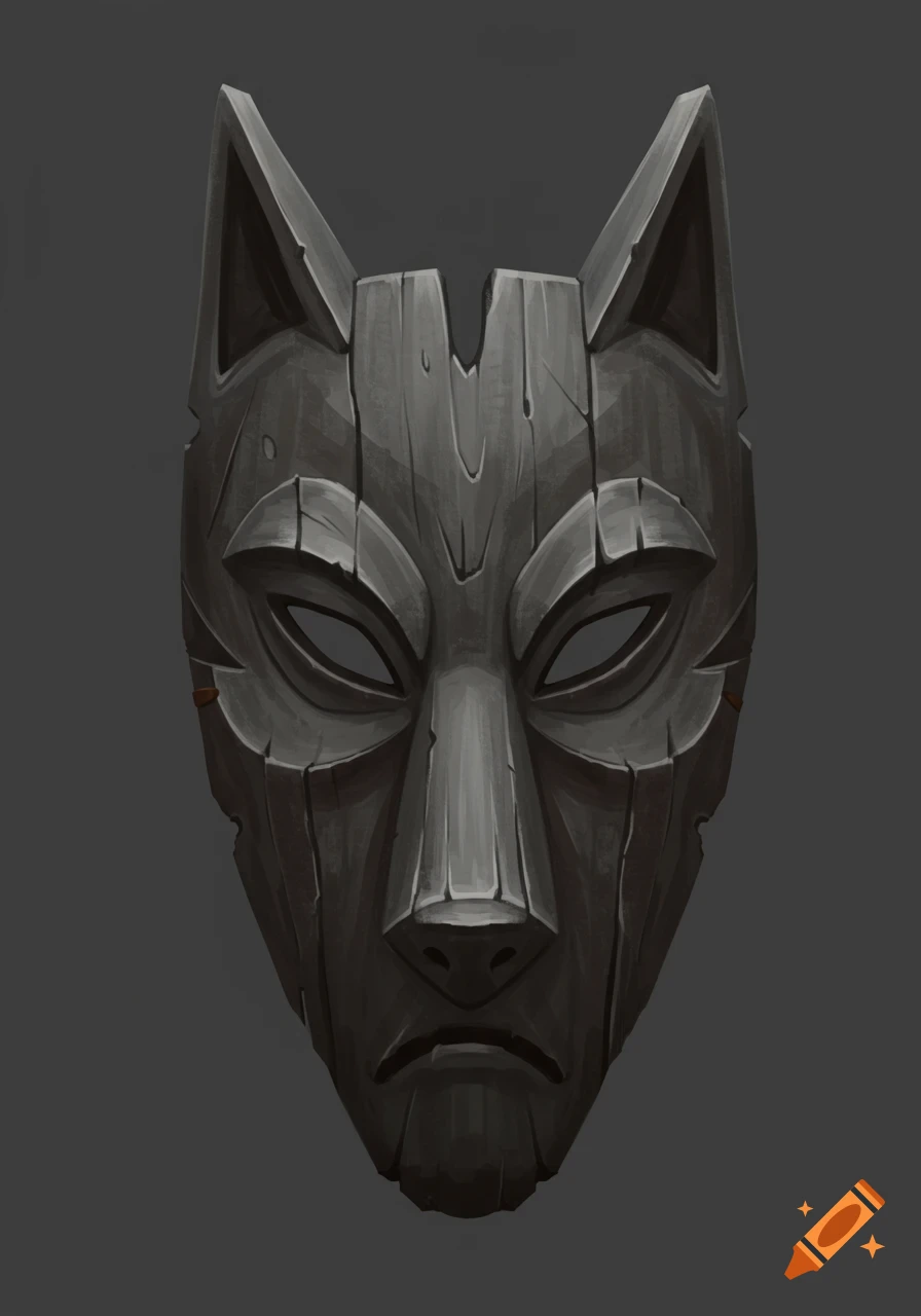 A dark gray tribal wooden mask with wolf-like features.