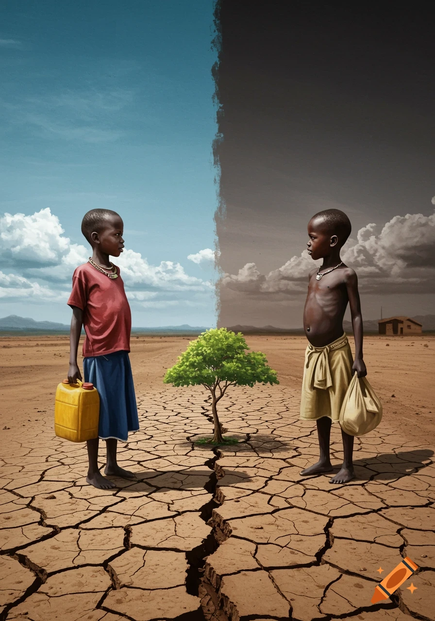Two children stand on cracked, dry earth under a split sky, one side blue with clouds, the other dark, with a small tree between them.