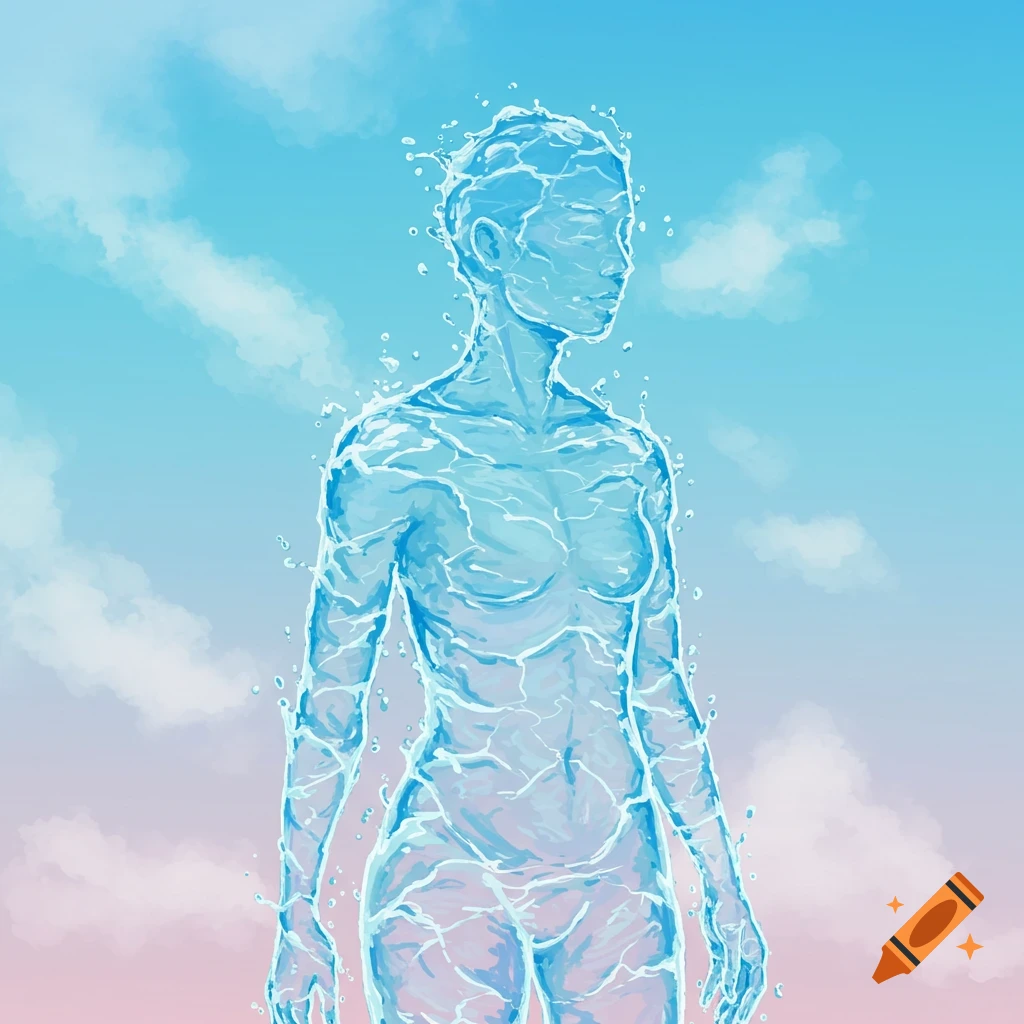 A human figure made of splashing water against a blue and pink sky.