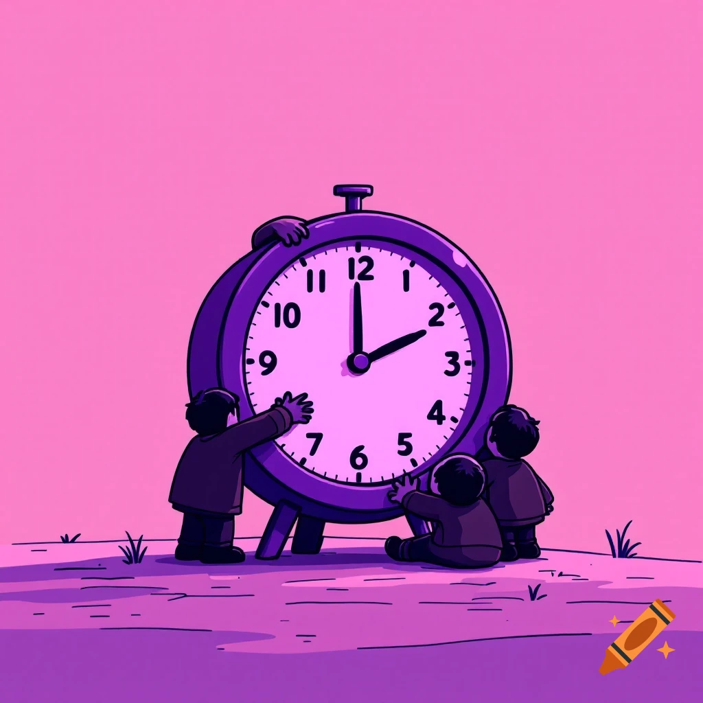 Cartoon children hug a large purple alarm clock showing 2:00.